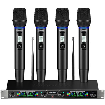 Wireless Microphones System, 4 Channel UHF Wireless Mics,with 4 Handheld Dynamic Microphones,Metal Receiver for Karaoke,Singing,Wedding,Party,Speech - color: Brown
