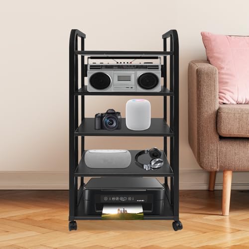 5 Tier Rolling AV Media Stand, Corner Audio Video Equipment Rack with Locking Wheels, Adjustable Shelves for Stereo Receiver Speakers and TV Components, Black