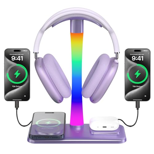 Headphone Stand with Wireless Charger,Gaming Headset stand with RGB Light,For Airpod Max Stand Compatible with Airpod Pro/3/2,For iPhone 17/16/15/14/13/12/11,Gifts for Gamers & Music Lover (Purple) - color: Purple