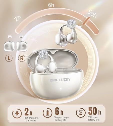 King Lucky i121 Open Ear Clip On Earbuds Wireless Bluetooth Ear Clip Headphones with Mic,Noise Cancelling, Waterproof IPX4,For Small Ears,Perfect for Running,Sports,Glasses Wearers (05-Pearl White) - color: 05-Pearl White