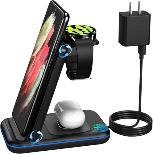 Wireless Charger for Samsung/Android, HOLYJOY Foldable 3 in 1 Fast Charging Station/Stand/Multi Charger for Samsung S25 Ultra/S24/Note 20, Travel Pad for Galaxy Watch 8/7/6/5/Active 2, For Buds(Black) - color: Black