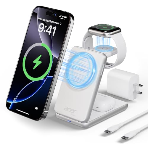 Acer 3 in 1 Charging Station for iPhone, Wireless Charger Stand,15W Fast MagSafe Charger for iPhone 17 16 15 14 13 12 Series-Apple Watch 11 10 9 8 7 6 5 4 3 2 SE and Ultra Series-Airpods 4 3 2 Pro - color: S3-White