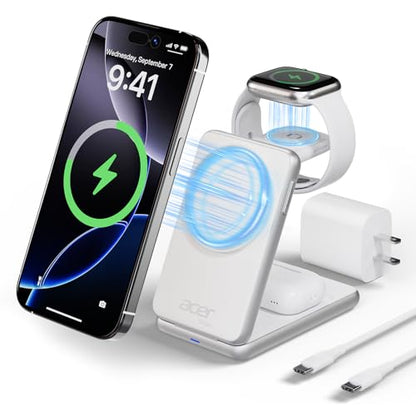 Acer 3 in 1 Charging Station for iPhone, Wireless Charger Stand,15W Fast MagSafe Charger for iPhone 17 16 15 14 13 12 Series-Apple Watch 11 10 9 8 7 6 5 4 3 2 SE and Ultra Series-Airpods 4 3 2 Pro - color: S3-White