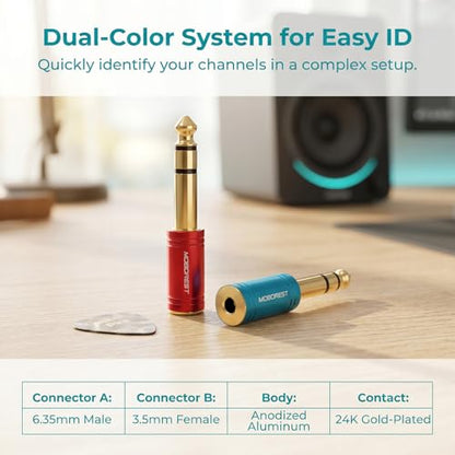 MOBOREST 1/4 to 3.5mm Audio Headphone Adapter, Pure Copper (1Red & 1Blue) | 6.35mm Male to 1/8(3.5mm) Female adapter connectors for lossless TRS sound, guitar amp, piano, keyboard, mixer, studio - color: 1RED+1BLUE
