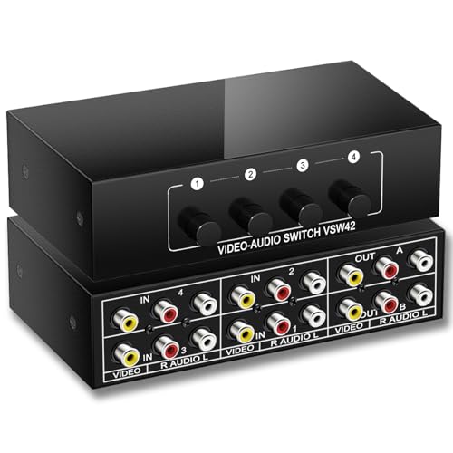 4 in 2 Out RCA AV Switch Composite Video Stereo Audio Switcher | Composite Video L/R Audio Selector Box, For VCR/DVR/DVD Player/Retro Game Consoles, Metal Housing, No Need Power, Plug & Play