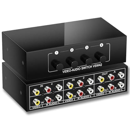 4 in 2 Out RCA AV Switch Composite Video Stereo Audio Switcher | Composite Video L/R Audio Selector Box, For VCR/DVR/DVD Player/Retro Game Consoles, Metal Housing, No Need Power, Plug & Play