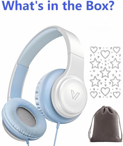 GE01 On-Ear Headphones w/Mic, Portable Lightweight Folding Stereo Bass Headphones for Smartphone, Tablet, Computer - Kids School (Blue)
