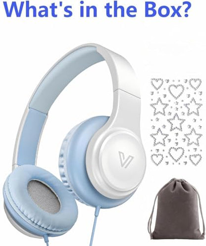 GE01 On-Ear Headphones w/Mic, Portable Lightweight Folding Stereo Bass Headphones for Smartphone, Tablet, Computer - Kids School (Blue)