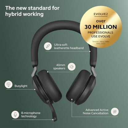 Jabra Evolve2 75 PC Wireless Headset with Charging Stand and 8-Mic Technology - Dual Foam Stereo Headphones with Advanced Active Noise Cancelling, USB-C Bluetooth Adapter and UC Compatibility - Black - size: USB-C Dongle, style: All Platforms