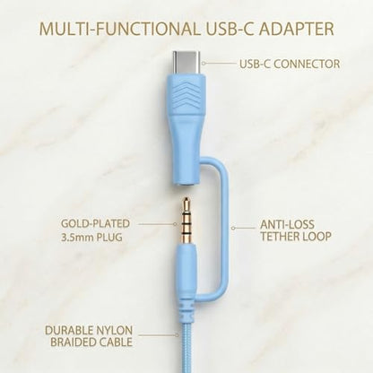 Wired Over-Ear Headphones, Mic, 3.5mm, USB-C Adapter, Blue | Over-ear comfort with inline mic, volume control, 3.5mm jack, and USB-C adapter for phones, laptops, PCs, and tablets. - color: Blue