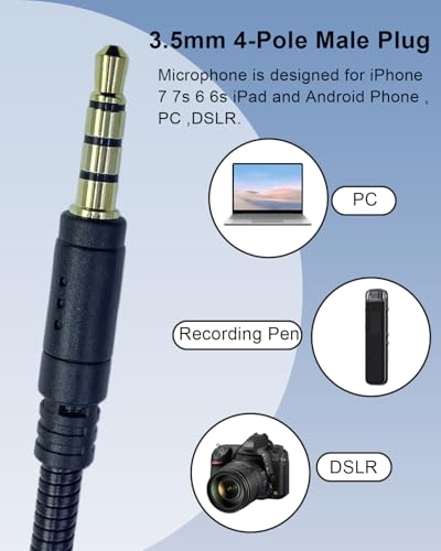 3.5mm Microphone Replacement 4 Pole Plug Noise Cancelling | for iPhone 7 7s 6 6s, for iPad Android Phone, Universal Detachable Boom Gooseneck Mic, for YouTube Video