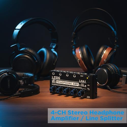 LZSIG Headphone Amplifier with Bass Boost, 4 Channel, 1 IN 4 OUT, DC 12V | Metal Stereo Audio Amplifier, Mini Earphone Splitter with Power Adapter, 1/4" & 1/8" TRS Headphones Output & TRS Audio Input - size: Small(4-channel)
