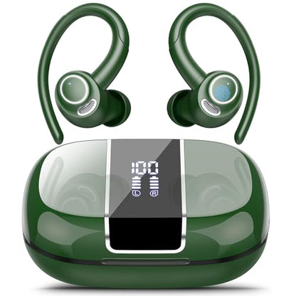 Wireless Sports Earbuds with Earhooks, 48H Deep Bass/ENC Mic Ear Bud Green | Wireless Earphone with LED Display, Bluetooth 5.3 Headphones In Ear, IPX7 Waterproof Over Ear Buds for Running/Workout - color: Green