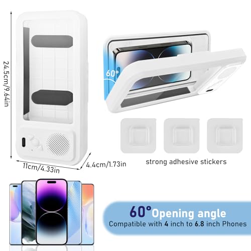 Shower Phone Holder with Wireless Bluetooth Speaker, Waterproof 480 Rotation Viewable Shower Phone Stand Case Mount Speakers for Bathroom Wall Mirro for 4"- 6.8" Cell Phones ,Gift for Mom(White) - color: White