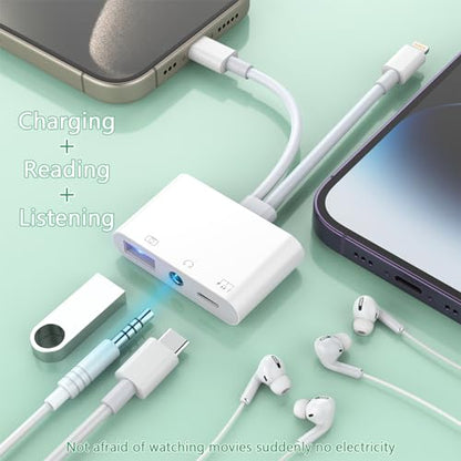 2-in-3 Lightning + USB C to 3.5mm Aux Audio Headphone Splitter Adapter Cable,USB OTG Camera Adapter+3.5mm Jack+Type-C Earphone/Charge Port,Phone Splitter for iPhone 15/14/13,Samsung,iPad,Huawei
