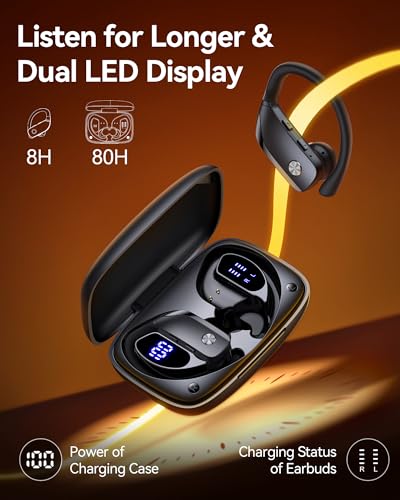 bmani Ear Buds Wireless Earbuds Bluetooth Headphones with 80H Playtime LED Display Case, Over-Ear Hook with Mic, Stereo Sound, Easy Button Controls, Sports Earphones for Running Workout Gym Black - color: Black, style: AI Buds Pro