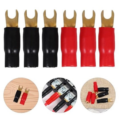 3 Pairs Copper Gold Plated 0 Gauge Spade Terminal Crimp Connectors Adapters Crimp Barrier Spades for Speaker Wire Cable Terminal Plug - 0GA (Red and Black)