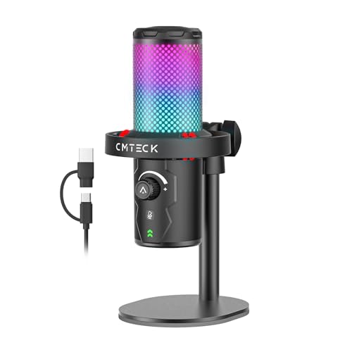CMTECK USB 마이크, 스튜디오 품질, PC/노트북용 맞춤형 RGB 조명 | LED로 빠른 음소거, 플러그 앤 플레이, 노이즈 캔슬링. 3.5mm 제로 레이턴시 잭 및 게인. 팟캐스트, 스트리밍용 - color: 블랙.