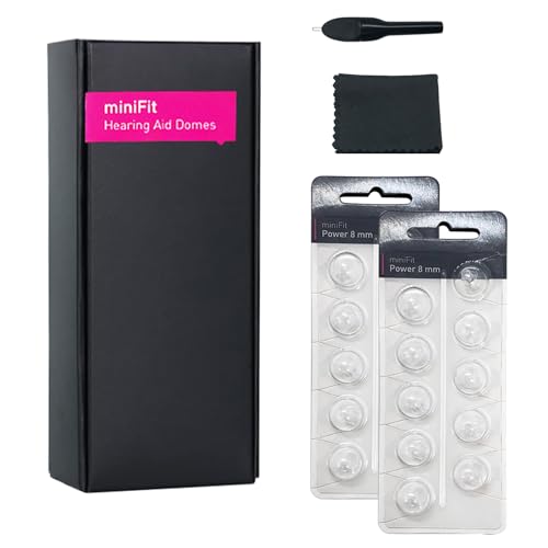 MiniFit Power Domes for Oticon Hearing Aids, 8mm, 20 Pieces | Soft silicone, fits Oticon Opn, Nera, Alta and RITE models, not for Corda tubes, includes cleaning brush and cloth, 2 packs - size: 8MM