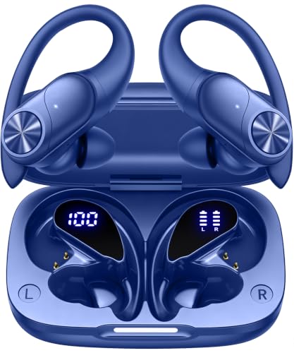 PocBuds Bluetooth Headphones Wireless Earbuds 80hrs Playtime Wireless Charging Case Digital Display Sports Ear Buds with Earhook Deep Bass IPX7 Waterproof Over-Ear Earphones for TV Phone Laptop Navy - color: Navy, style: Standard
