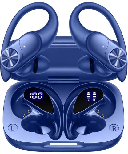 PocBuds Bluetooth Headphones Wireless Earbuds 80hrs Playtime Wireless Charging Case Digital Display Sports Ear Buds with Earhook Deep Bass IPX7 Waterproof Over-Ear Earphones for TV Phone Laptop Navy - color: Navy, style: Standard
