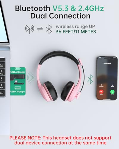 AOC Wireless Headset with Mic for Work, AI Noise Cancelling, Bluetooth | AI Noise Cancelling Mic, Bluetooth 5.3, USB-A/C Dongle Included, Mic Mute, Compatible with PC, Laptop & iPhone - color: Pink Black
