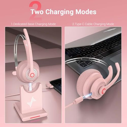 Bluetooth Wireless Headset with Mic for Work, Bluetooth 5.2, Advanced Noise Reduction Microphone, Clear Calls - Comfortable On-Ear Headphones, Applicable to PC, Laptop, Phone, Android, Zoom, Office - color: Pink