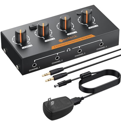 Neoteck 4 Channel Stereo Headphone Amplifier Audio Mono/Stereo Amplifier | with Volume Control 4 Channel in Metal with 3.5mm Audio Cable Suitable for Recordings/Mixing/Musical Practices