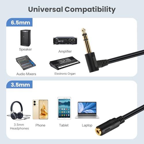 Seadream 3.5mm Female to 6.35mm Angle Male Audio Adapter Cable, Right Angle 1/4 Inch TRS to 3.5mm Adapter Cord Gold-Plated Connectors 30cm