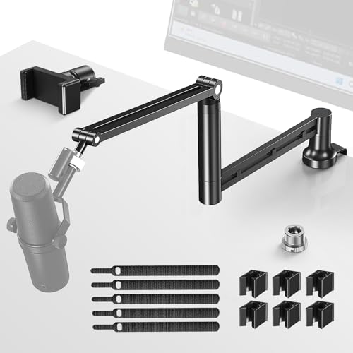 CreaDream Mic Boom Arm, Low Profile Microphone Arm Stand Desk Mount with Screw Adapter, Phone Holder, Detachable Rise Column, Cable Management, for Live Streaming, Gaming, Podcasting, Radio