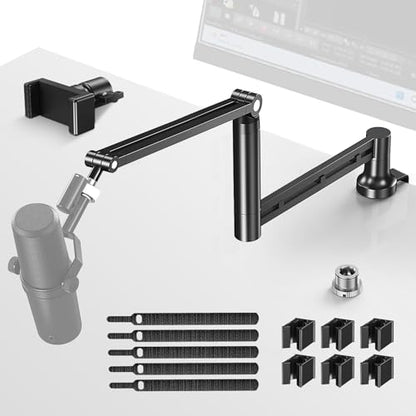 CreaDream Mic Boom Arm, Low Profile Microphone Arm Stand Desk Mount with Screw Adapter, Phone Holder, Detachable Rise Column, Cable Management, for Live Streaming, Gaming, Podcasting, Radio