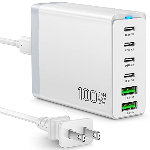 Fast USB C Charging Station,Total 100W 6-Port Charger Block | 4 USB-C and 2 USB-A Ports Quick 3.0 Adapter Hub for iPhone 15 14 13 12 Pro Max, iPad, Galaxy, Pixel Portable Multiport H - color: White