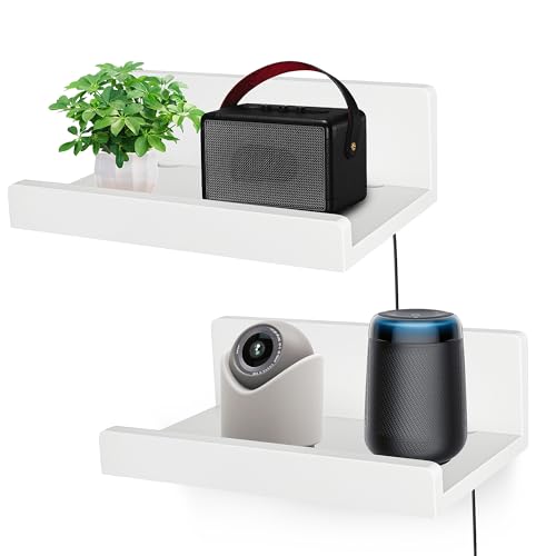 Floating Wall Shelves Set of 2, 12-Inch Solid Wood Shelves with Cable Holes, Small Display Shelf for Router, Webcam, Smart Speaker, Camera – White - color: White, size: 12 Inch-2 Pcs