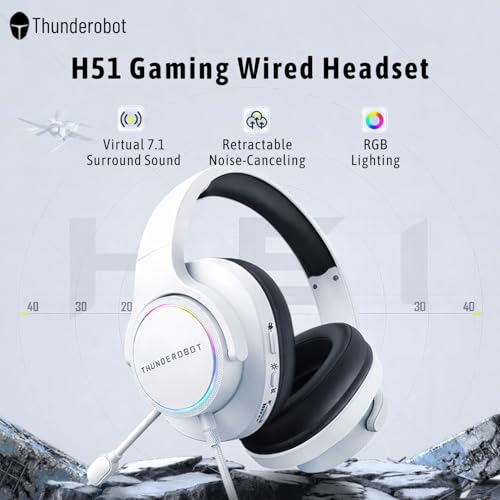 Thunderobot Gaming Wired Headset H51, USB Computer Headset, Gaming Over-Ear Headphones with Virtual 7.1 Surround Sound, RGB Lighting