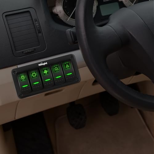 Nilight 5 Gang Rocker Switch Panel SPST On Off Toggle with DIY Label Sticker | 5PIN Electrical 12V/20A 24V/10A Aluminum Plate with Pre-Wired Jumper Wires for LED Light Bar RV Boats 4X4 Cars Green - color: Green, size: 5 Gang