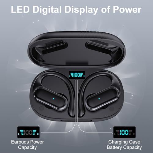 Wireless Sports Earbuds with Ear Hooks & 80H Playtime | IPX7 Waterproof, Bluetooth 5.4, LED Digital Display, 10mm Bass Drivers, Secure Fit Workout Earphones for Fitness & Gym