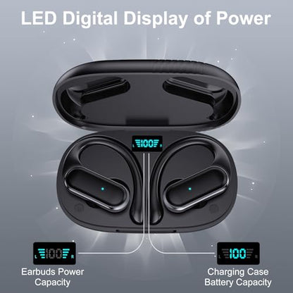 Wireless Sports Earbuds with Ear Hooks & 80H Playtime | IPX7 Waterproof, Bluetooth 5.4, LED Digital Display, 10mm Bass Drivers, Secure Fit Workout Earphones for Fitness & Gym