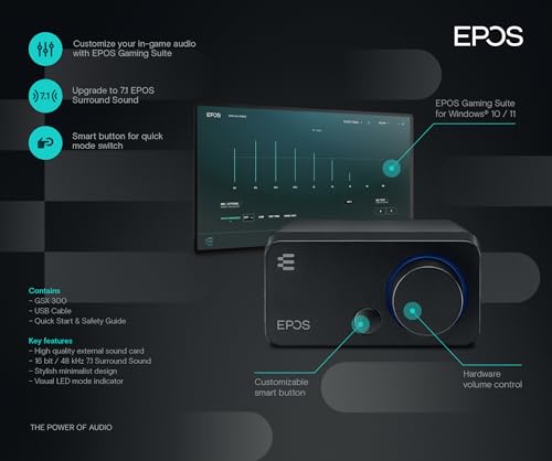 EPOS GSX 300 - External Computer Sound Card - High-Resolution Stereo & 7.1 Surround Sound - LED Volume Dial; Customizable Smart Button - Windows 10 Synchronized - color: Black