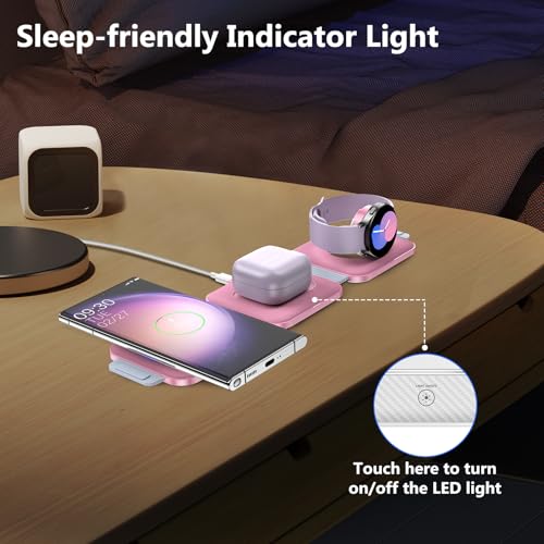 Travel Charger for Samsung Multi Devices, Foldable 3 in 1 Wireless Charging Station Fast Charging Stand/Pad Compatible for Samsung Galaxy S25/S24/S23/S22/S21/Note20 Galaxy Watch8/7/6/5/4/Galaxy Buds4 - color: Pink