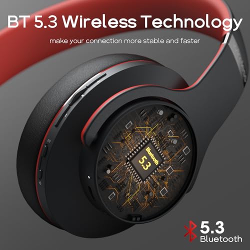 DOQAUS Bluetooth Headphones Over Ear, 90H Playtime, 3EQ Mode, with ENC Mic | Hifi Stereo Sound, Lightweight, Headphones Wireless with Soft Memory Foam Earpads, Deep Bass for Home Office Cellphone PC - color: Black-Red