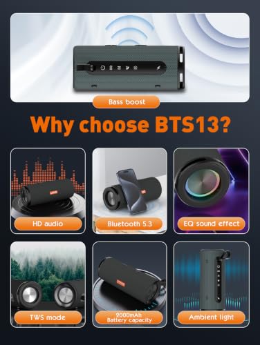 MANTO BTS13 Wireless Speaker, Bluetooth 5.3 TWS Stereo for Outdoor, Beach, Camping, Home, 10W Bass Sound, FM Radio, Micro SD/AUX Playback, 4H Playtime, Portable Lanyard Speaker
