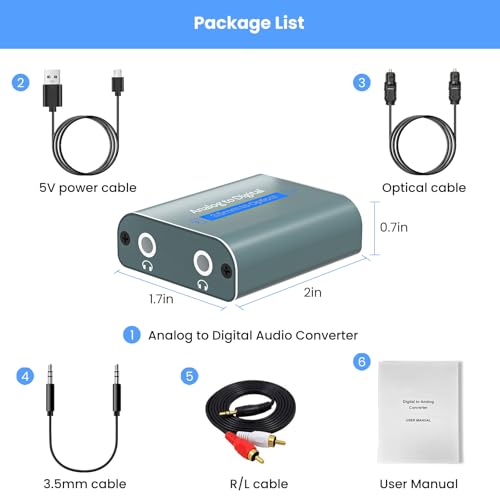 RCA to Optical Audio Converter Dual 3.5mm Jack in Optical Out Audio Adapter | Analog to Optical Audio Converter Aluminum ADC Converter with SPDIF 3.5 Audio Cable and 3.5 to RCA Cable(Only PCM/LPCM)