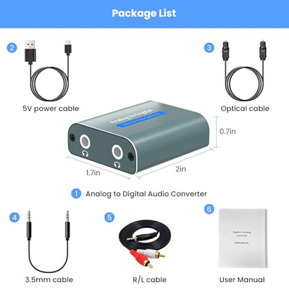 RCA to Optical Audio Converter Dual 3.5mm Jack in Optical Out Audio Adapter | Analog to Optical Audio Converter Aluminum ADC Converter with SPDIF 3.5 Audio Cable and 3.5 to RCA Cable(Only PCM/LPCM)