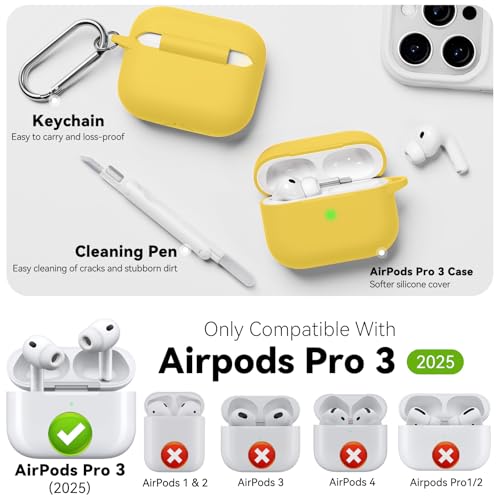 Case for AirPods Pro 3 2025,Come with Cleaner Kit,Yellow | Silicone Protective Cover for Airpod Pro 3rd Generation Case with Keychain,for Women Men,One-Piece Design,Shockproof - color: E-Yellow