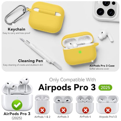 Case for AirPods Pro 3 2025,Come with Cleaner Kit,Yellow | Silicone Protective Cover for Airpod Pro 3rd Generation Case with Keychain,for Women Men,One-Piece Design,Shockproof - color: E-Yellow