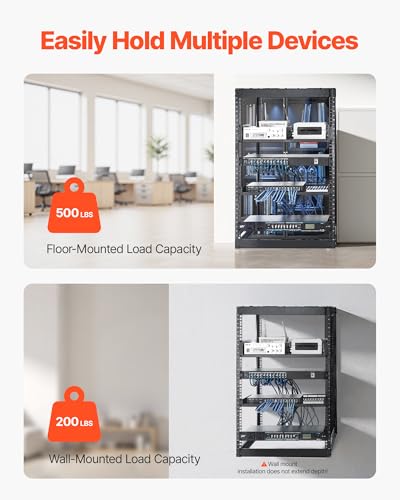 VEVOR 16U Open Frame Server Rack & Network Rack, Wall Mounted or Floor Standing, Heavy Duty 4 Post, with 2PCS Vented 1U Shelves & Mounting Hardware, Holds All 19'' Networking IT Equipment AV Gear - size: 16U Server Rack