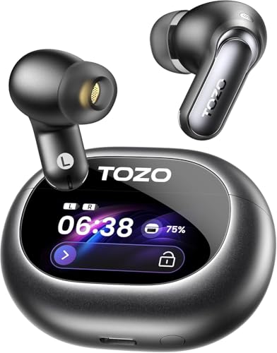 TOZO NC20 Pro Active Noise Cancelling Wireless Earbuds, Smart LCD Screen | LDAC Hi-Res Audio, Stereo Bass, 6 Mics AI Call Ear Buds, 80H Playtime, IPX8 Waterproof, 32 EQ via App, Wireless Charging - color: Ink Black