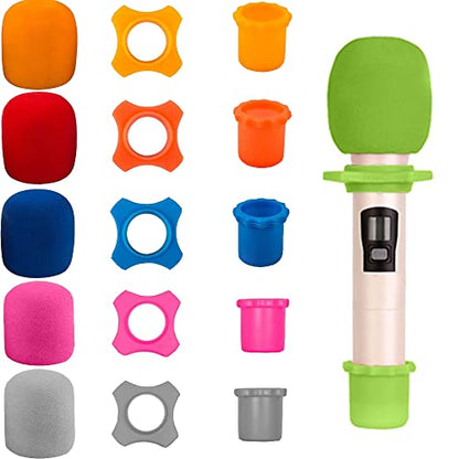 Qtopun 6 Set Microphone Protection Foam, 6 Shakeproof Anti-Rolling Wireless Handheld Microphone Windscreen Foam Cover 6 Protection Silicone Ring 6 Bottom Rod Sleeve Holder for KTV Device 18 Packs
