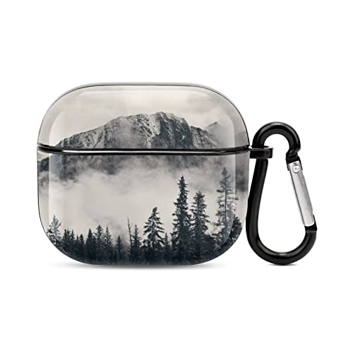 Compatible with Airpods 3 Case Cover 2021 with Keychain Forest Tree Foggy Mountain Pattern, AirPod Headphone Cover Unisex Shockproof Protective Wireless Charging