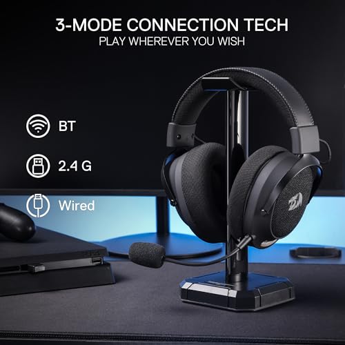 Redragon H858 3-Mode Wireless Gaming Headset, 7.1 Surround Sound, 53 mm Drivers, Memory Foam Ear Pads, Detachable Noise-canceling Microphone, Over-Ear Headphones Works for Mobile, PC/PS5/NS - color: Gray